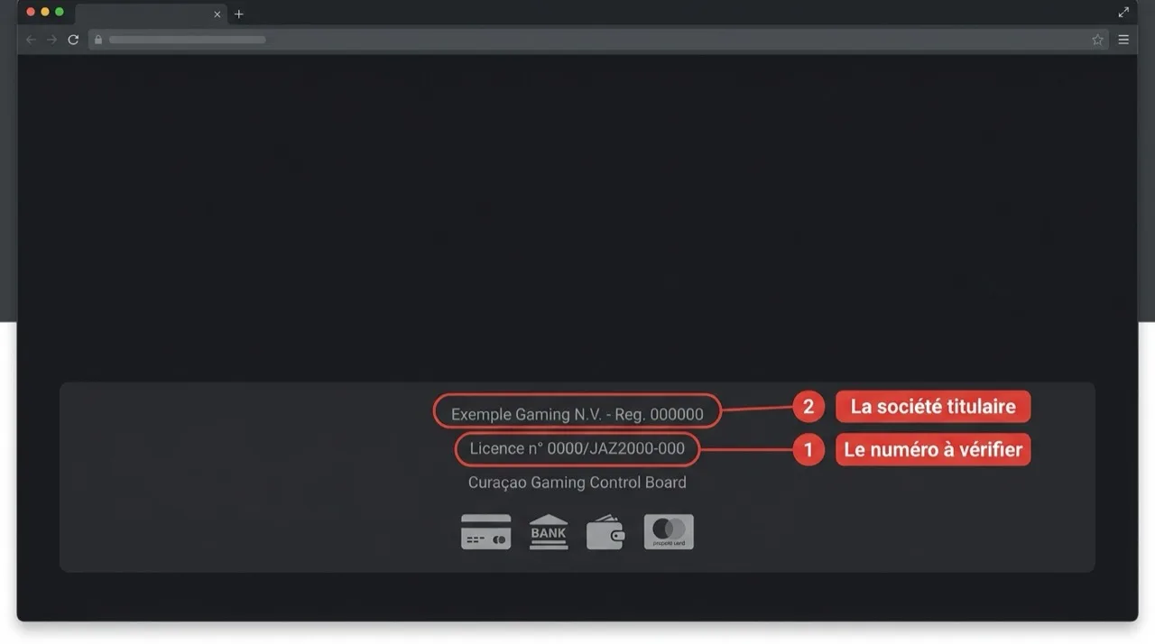 Pied de page d'un casino en ligne avec le numéro de licence et la société titulaire entourés