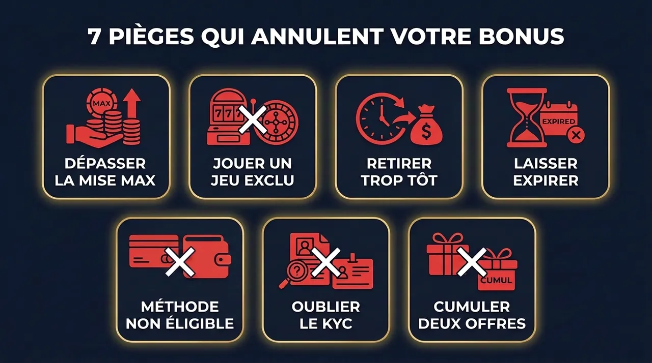 Les 7 pièges qui annulent un bonus casino 200% : dépasser la mise max, jouer un jeu exclu, retirer trop tôt, laisser expirer, méthode non éligible, oublier le KYC, cumuler deux offres