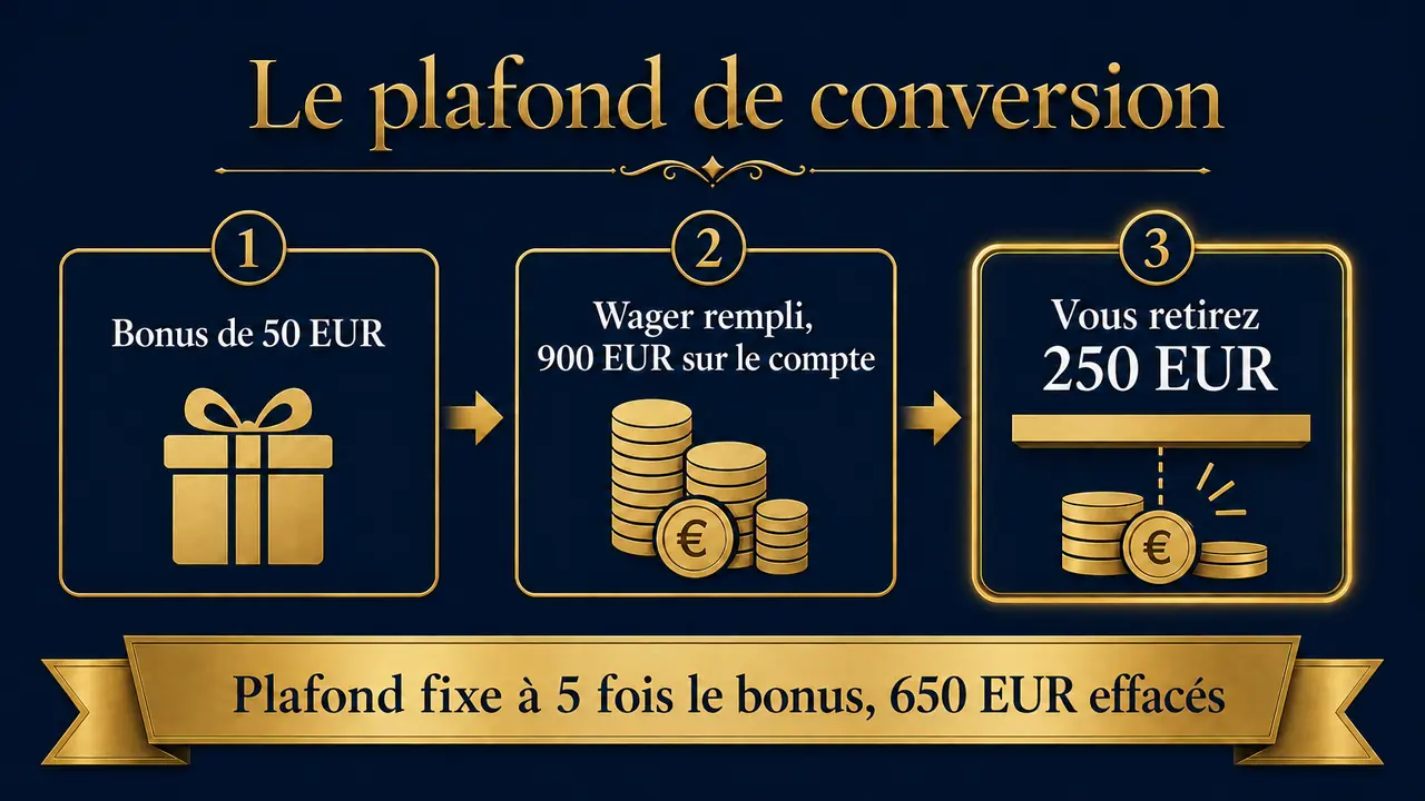 Plafond de conversion : 900 euros gagnes mais 250 euros retirables sur un bonus de 50 euros