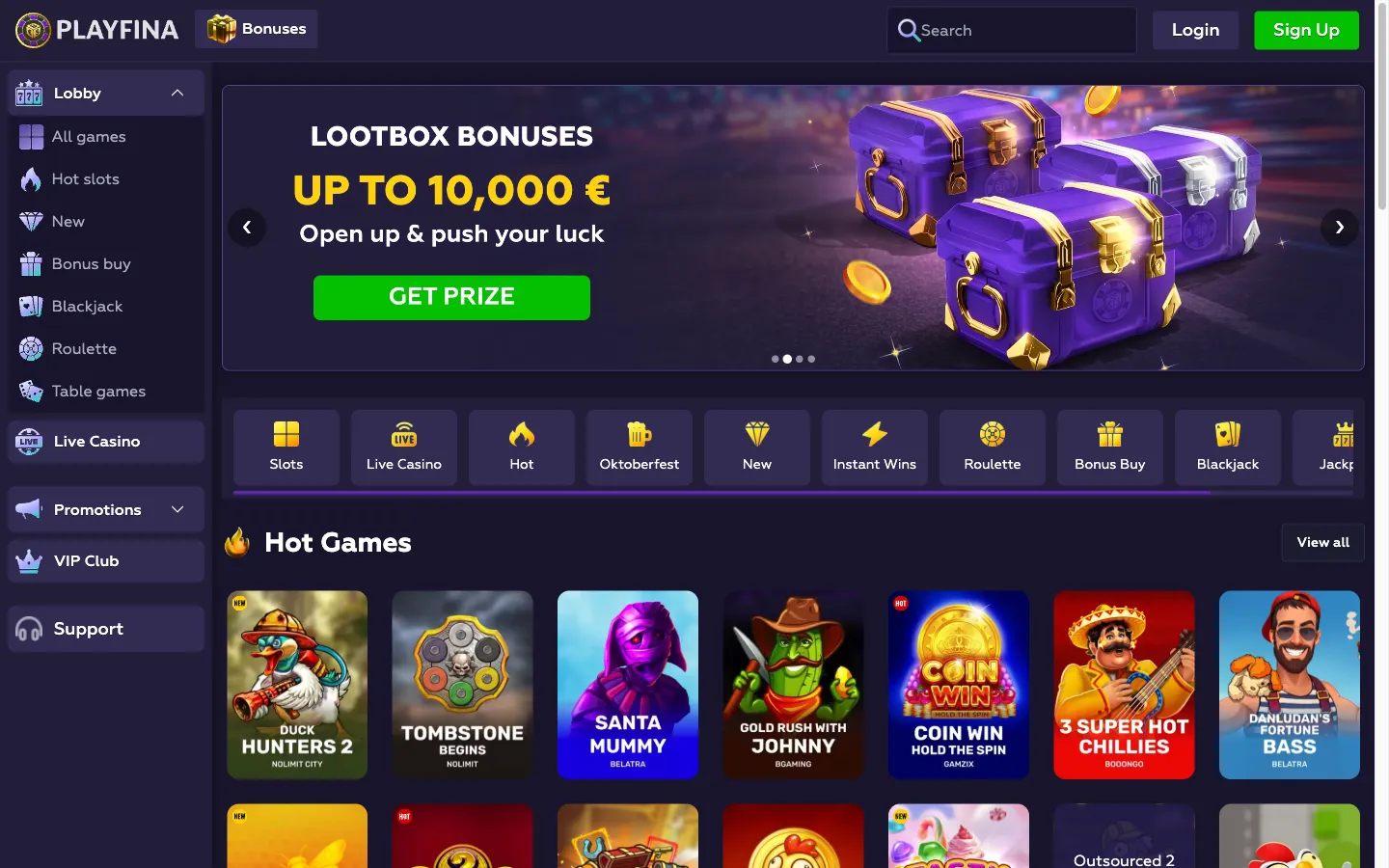 Page d'accueil de Playfina Casino avec la bannière lootbox et les jeux populaires
