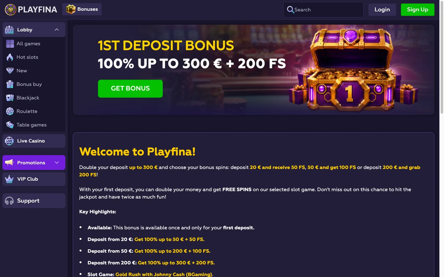 Détail du bonus de premier dépôt de Playfina : 100 % jusqu'à 300 € et 200 tours gratuits