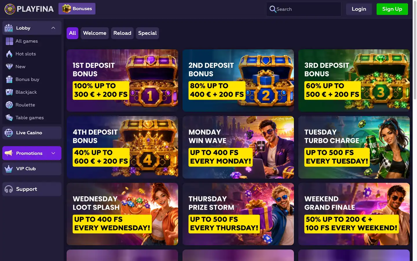 Les quatre bonus de dépôt et les reloads de la semaine sur la page bonus de Playfina