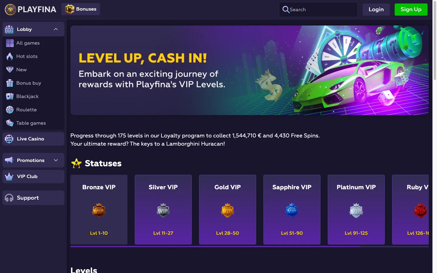 Programme de fidélité de Playfina : 175 niveaux, du statut Bronze au statut Diamond