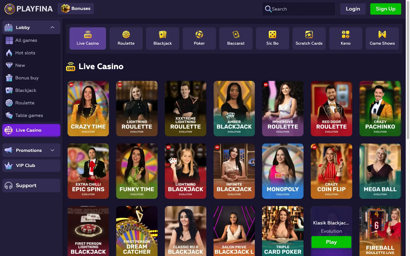 Casino en direct de Playfina : tables Evolution comme Crazy Time et Lightning Roulette