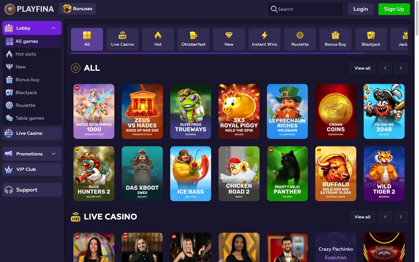 Lobby des jeux de Playfina Casino avec les catégories Hot, New, Bonus Buy et Jackpot