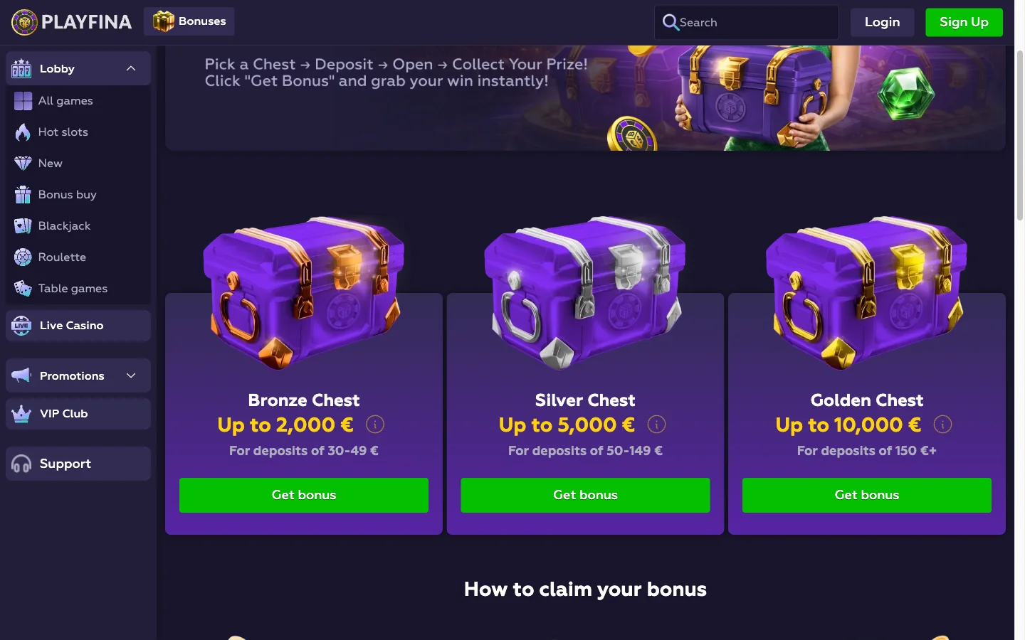 Coffres Bronze, Silver et Golden des lootboxes de Playfina, jusqu'à 10 000 €