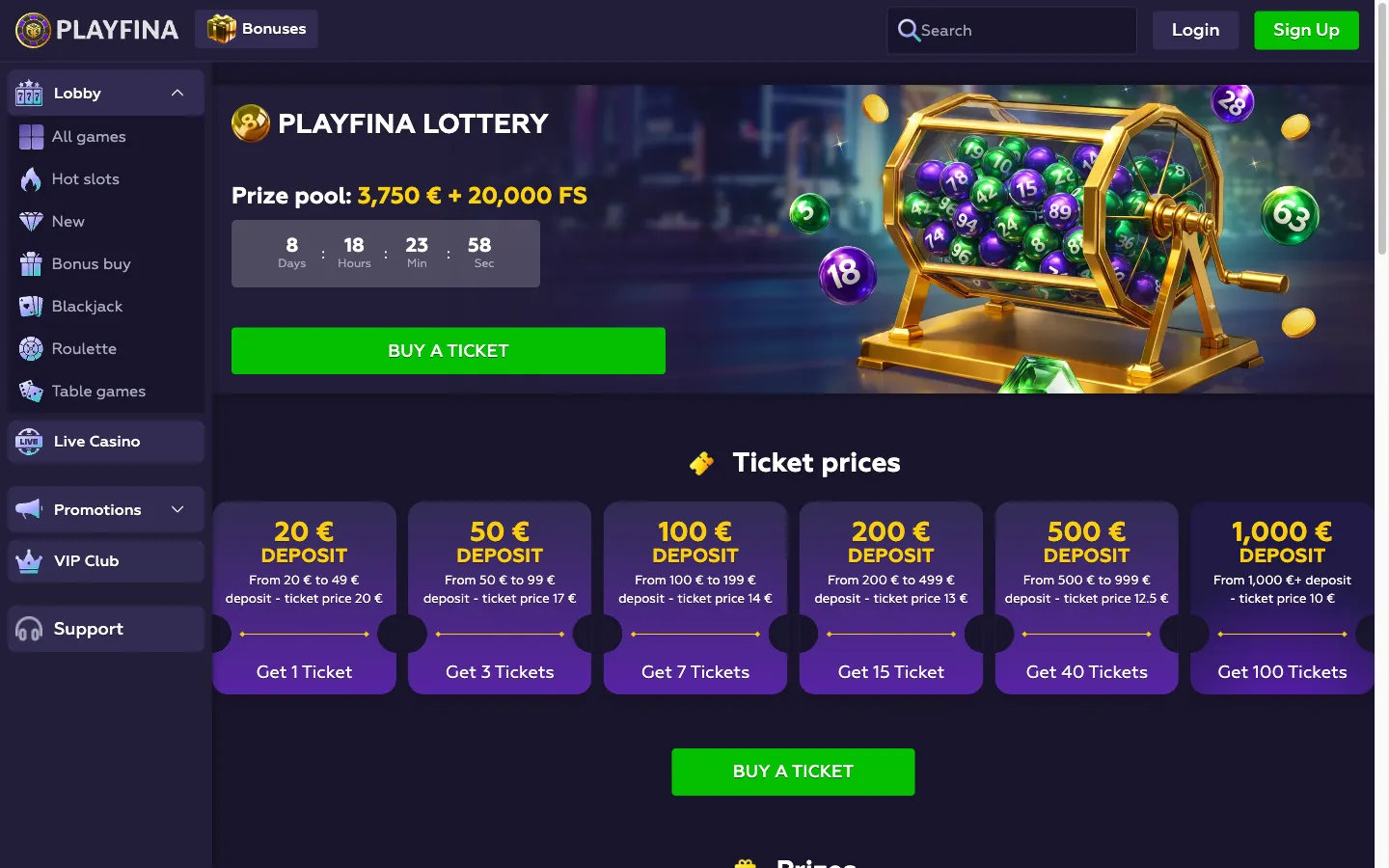 Loterie de Playfina Casino : cagnotte de 3 750 € + 20 000 FS et prix des tickets selon le dépôt