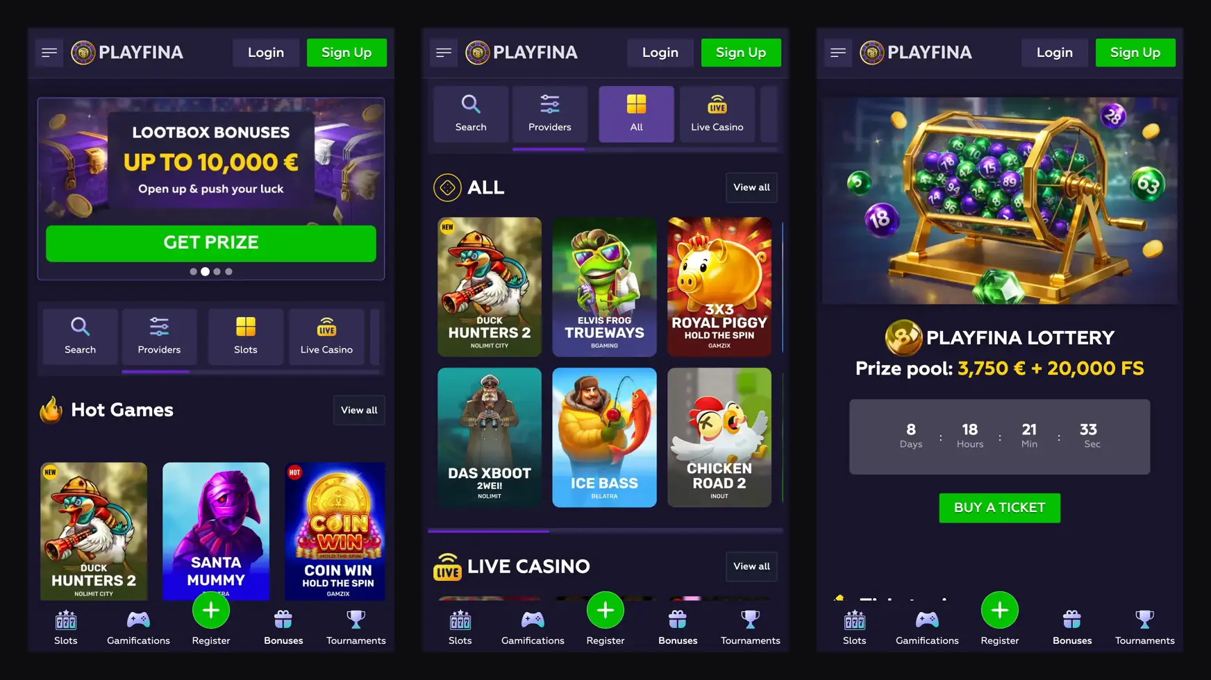Playfina Casino sur mobile : accueil, lobby et loterie