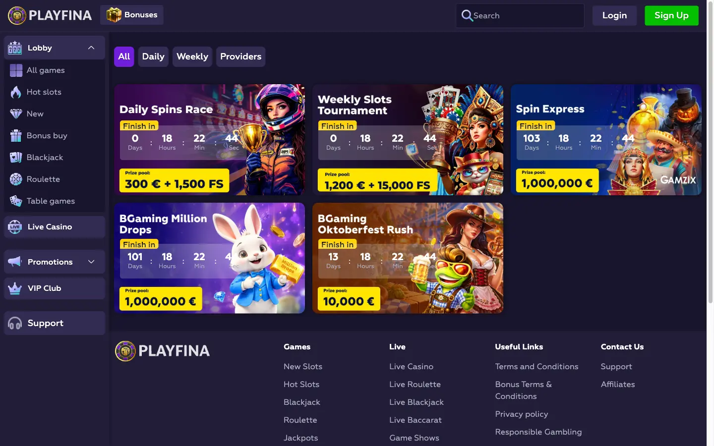 Tournois en cours sur Playfina Casino, du Daily Spins Race au Spin Express de Gamzix