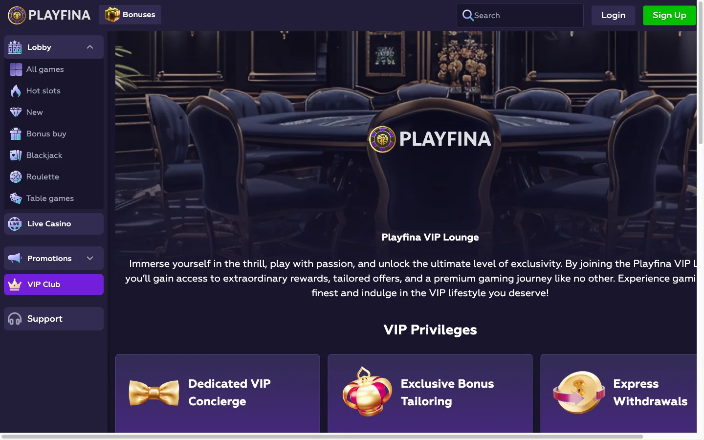 Page du club VIP de Playfina Casino avec ses privilèges