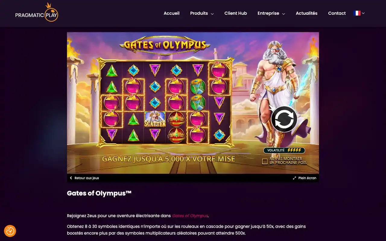 Fiche Gates of Olympus sur le site de Pragmatic Play avec l'indicateur de volatilité