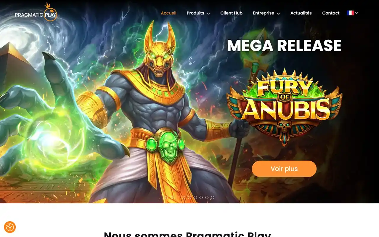 Page d'accueil du site officiel Pragmatic Play mettant en avant une nouvelle machine à sous