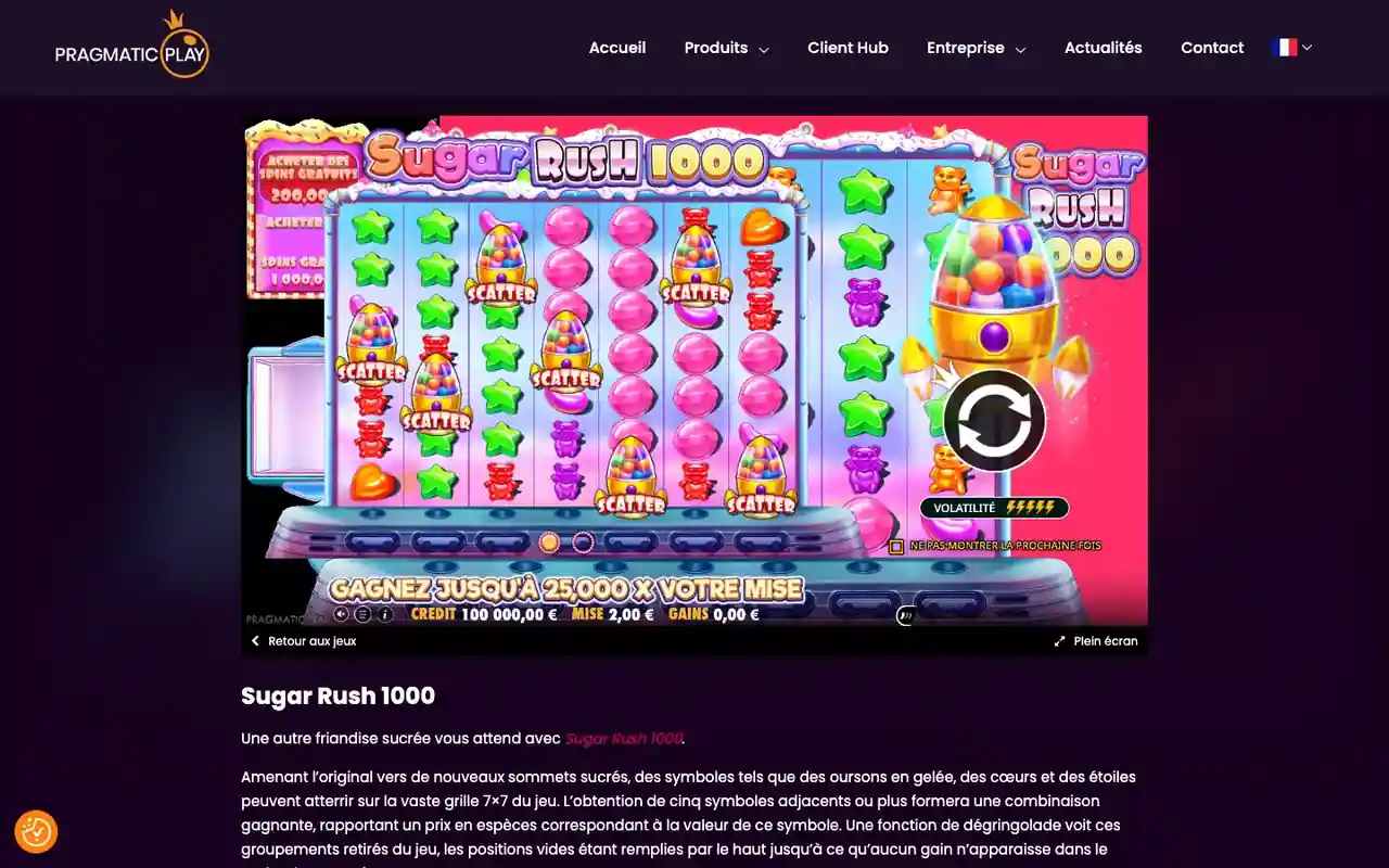 Page officielle de Sugar Rush 1000 sur le site de Pragmatic Play