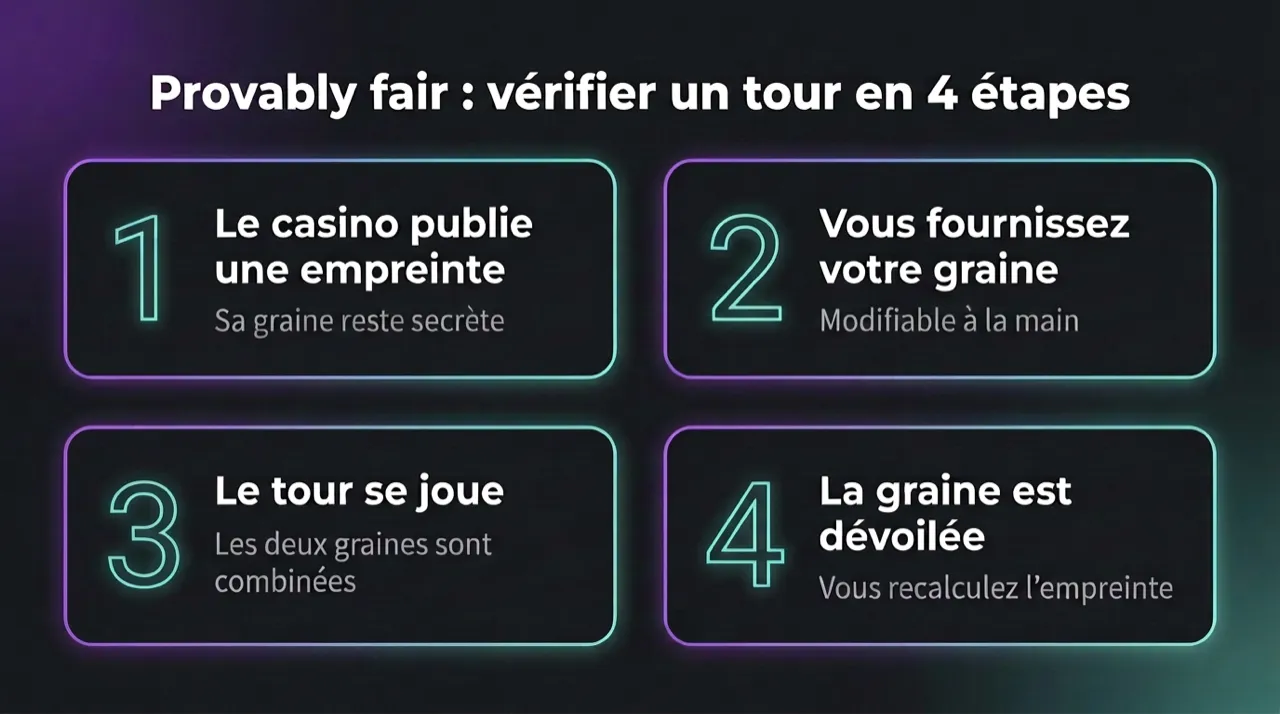 Provably fair sur un casino Bitcoin : le casino publie une empreinte, le joueur fournit sa graine, le tour se joue, puis la graine est dévoilée pour recalculer l'empreinte