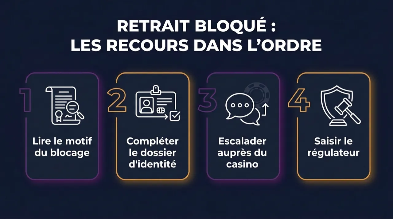 Infographie : les recours dans l'ordre quand un retrait de casino est bloqué