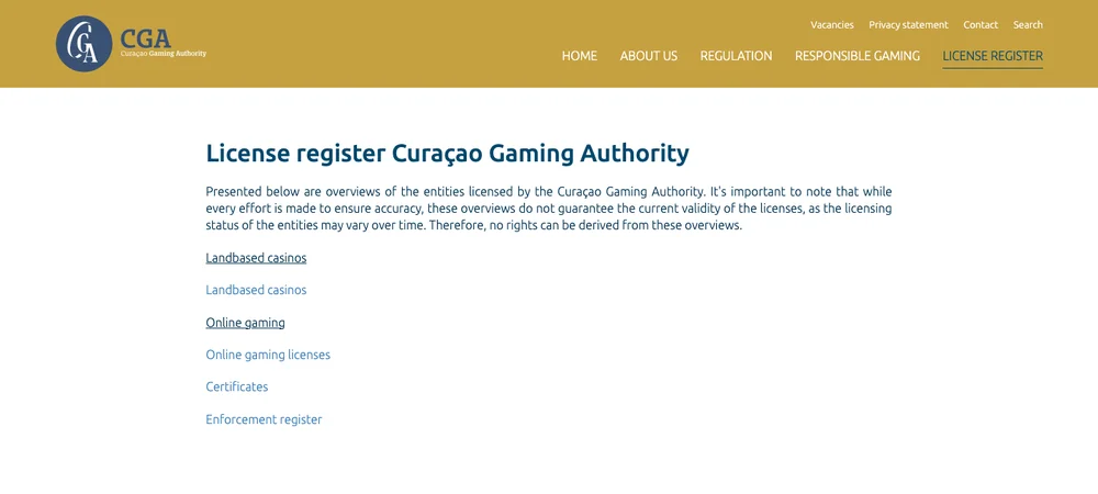Registre public des licences de la Curaçao Gaming Authority : licences de jeu en ligne, certificats et registre des sanctions