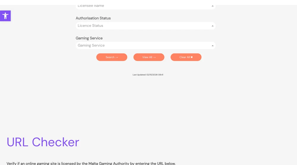 Registre des titulaires de licence de la Malta Gaming Authority : recherche par nom, statut et service de jeu, puis vérificateur d'adresse de site