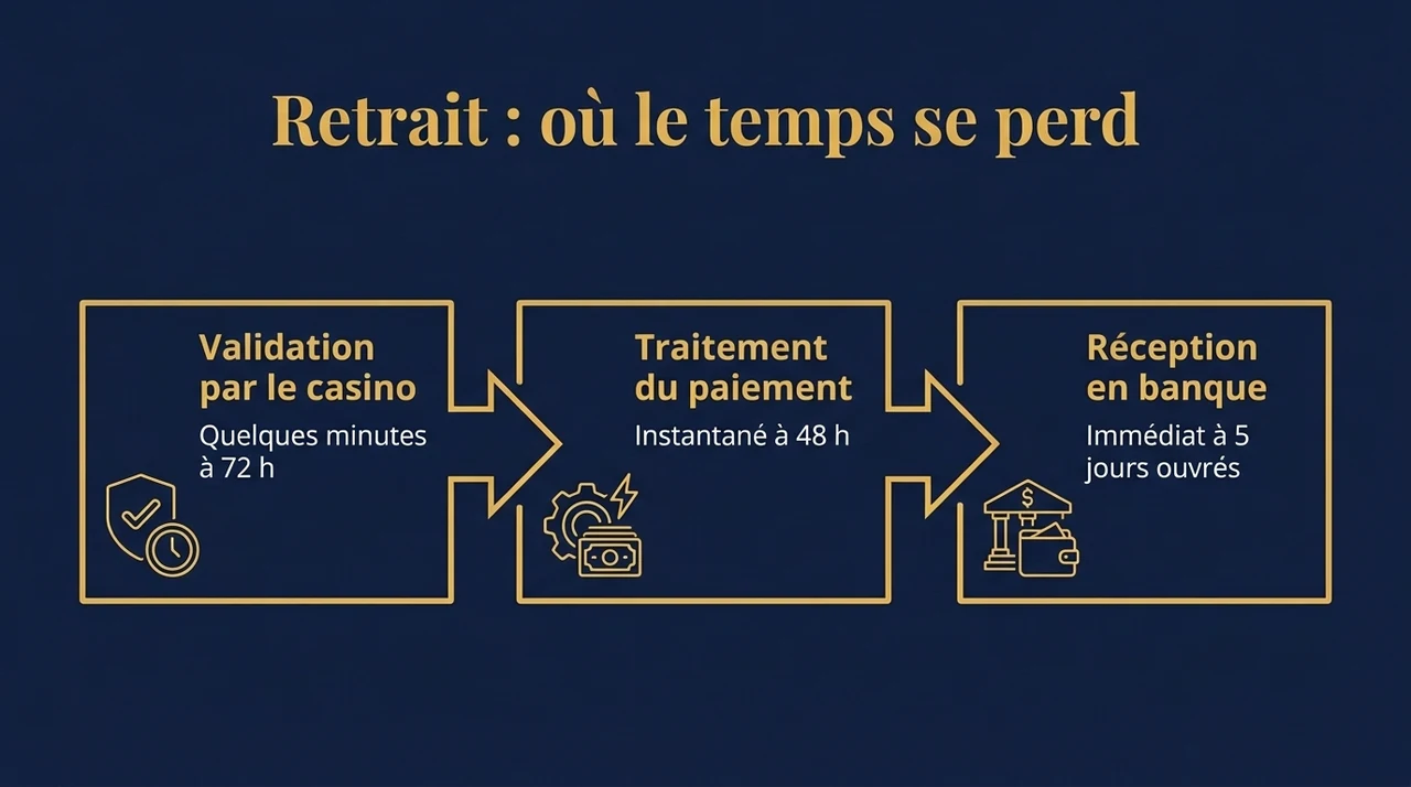 Infographie : les trois étapes d'un retrait de casino en ligne et le délai de chacune