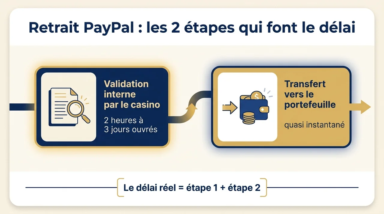 Retrait PayPal au casino : les deux étapes qui composent le délai réel