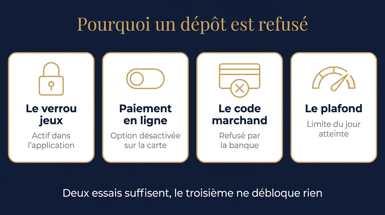 Les quatre causes d'un dépôt Revolut refusé sur un casino en ligne : verrou jeux, paiement en ligne, code marchand et plafond