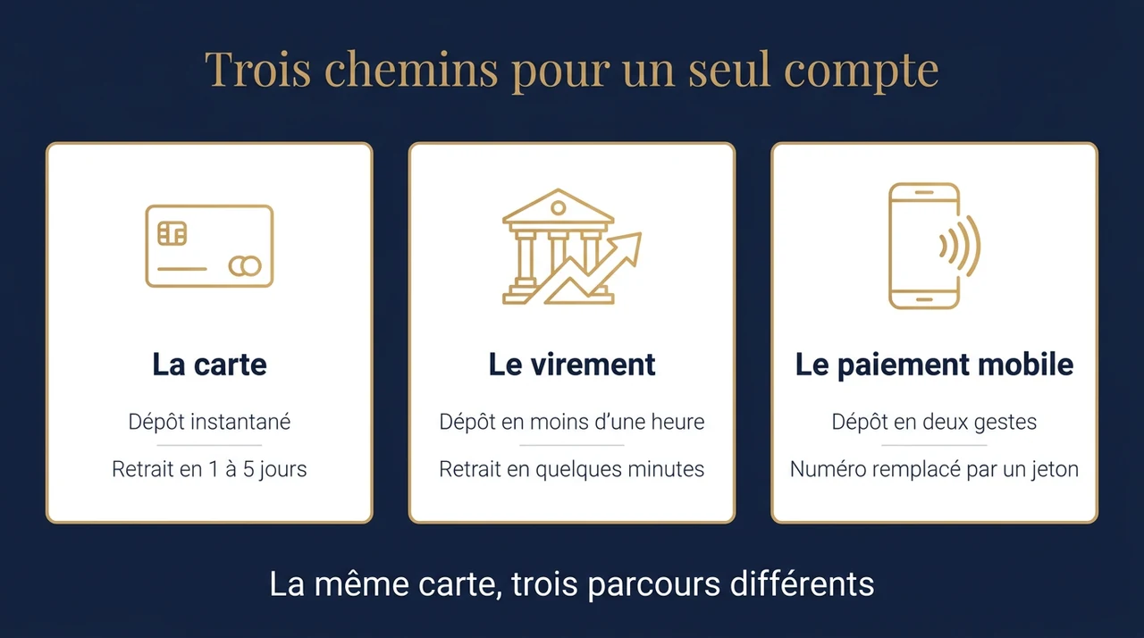 Les trois parcours de paiement Revolut sur un casino en ligne : carte, virement et paiement mobile