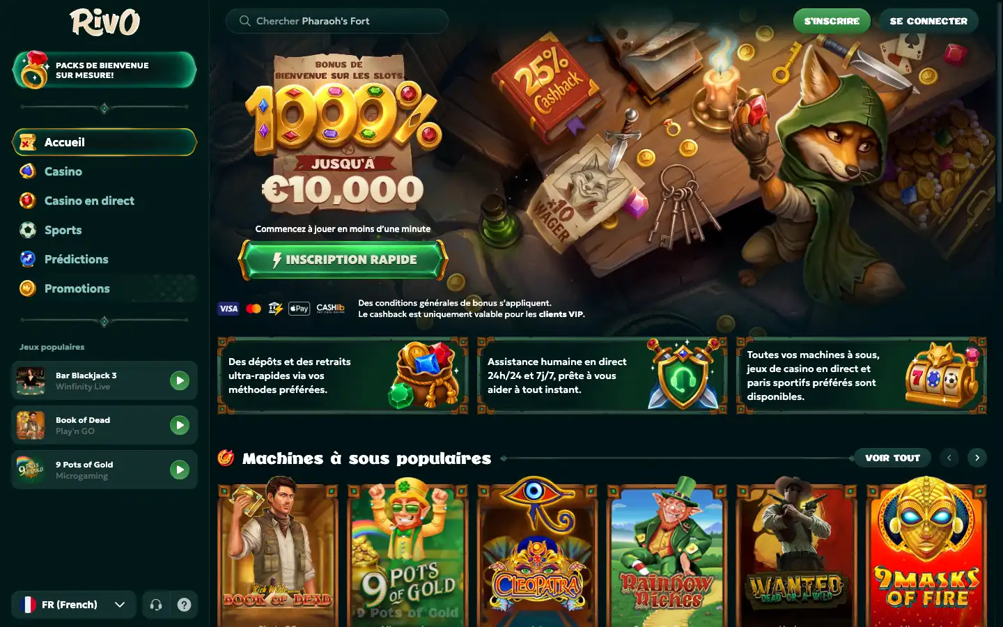 Page d'accueil et bonus de bienvenue