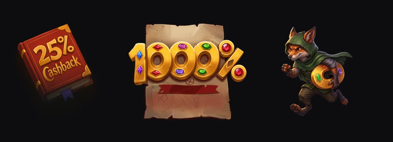 Visuels du cashback 25% et du bonus 1000% de Rivo Casino avec sa mascotte renard