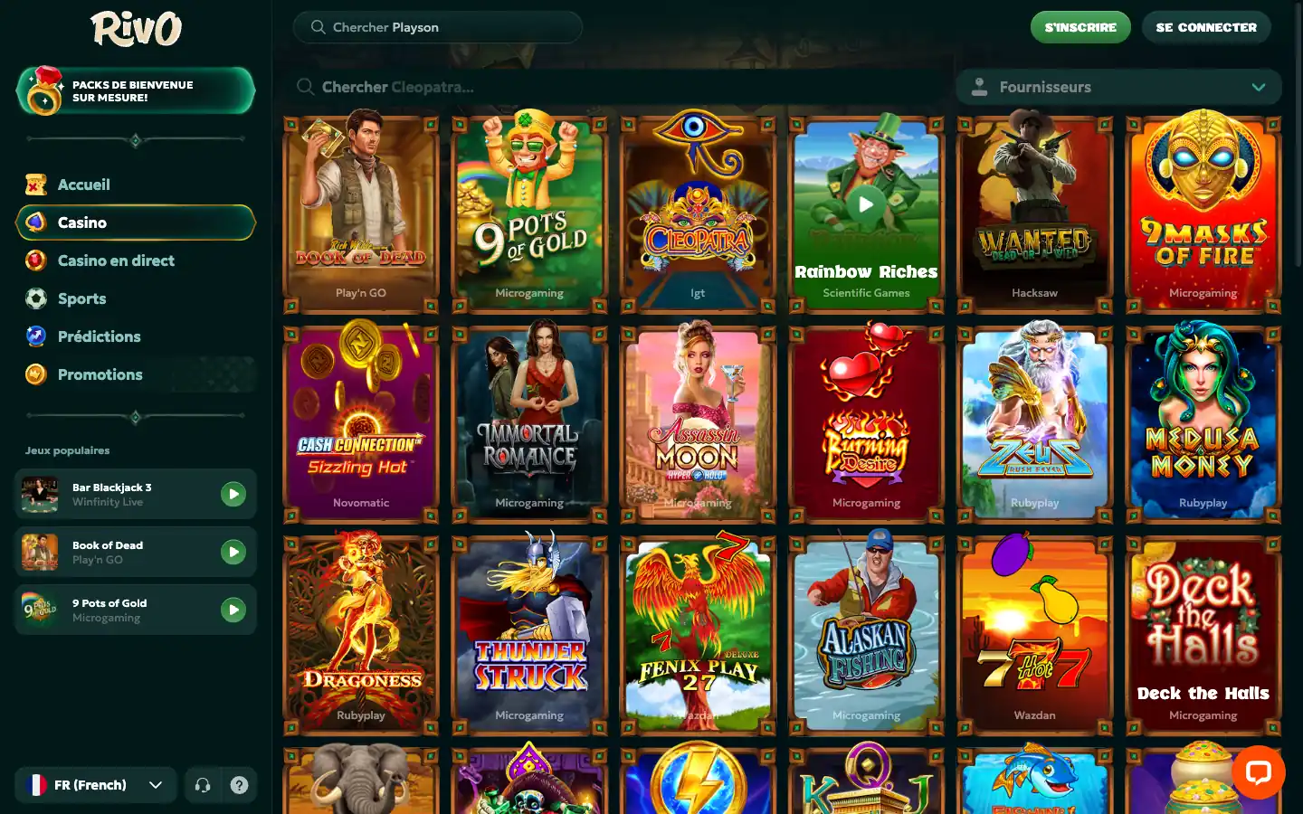 Filtres par fournisseur du lobby de Rivo Casino