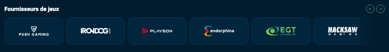 Fournisseurs de jeux affichés en bas de page de Rolletto : Push Gaming, Iron Dog, Playson, Endorphina, EGT et Hacksaw