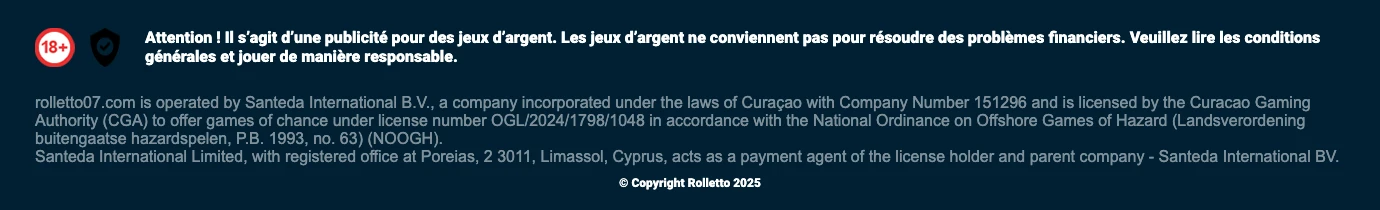 Mentions légales de Rolletto avec la licence Curaçao Gaming Authority et Santeda International