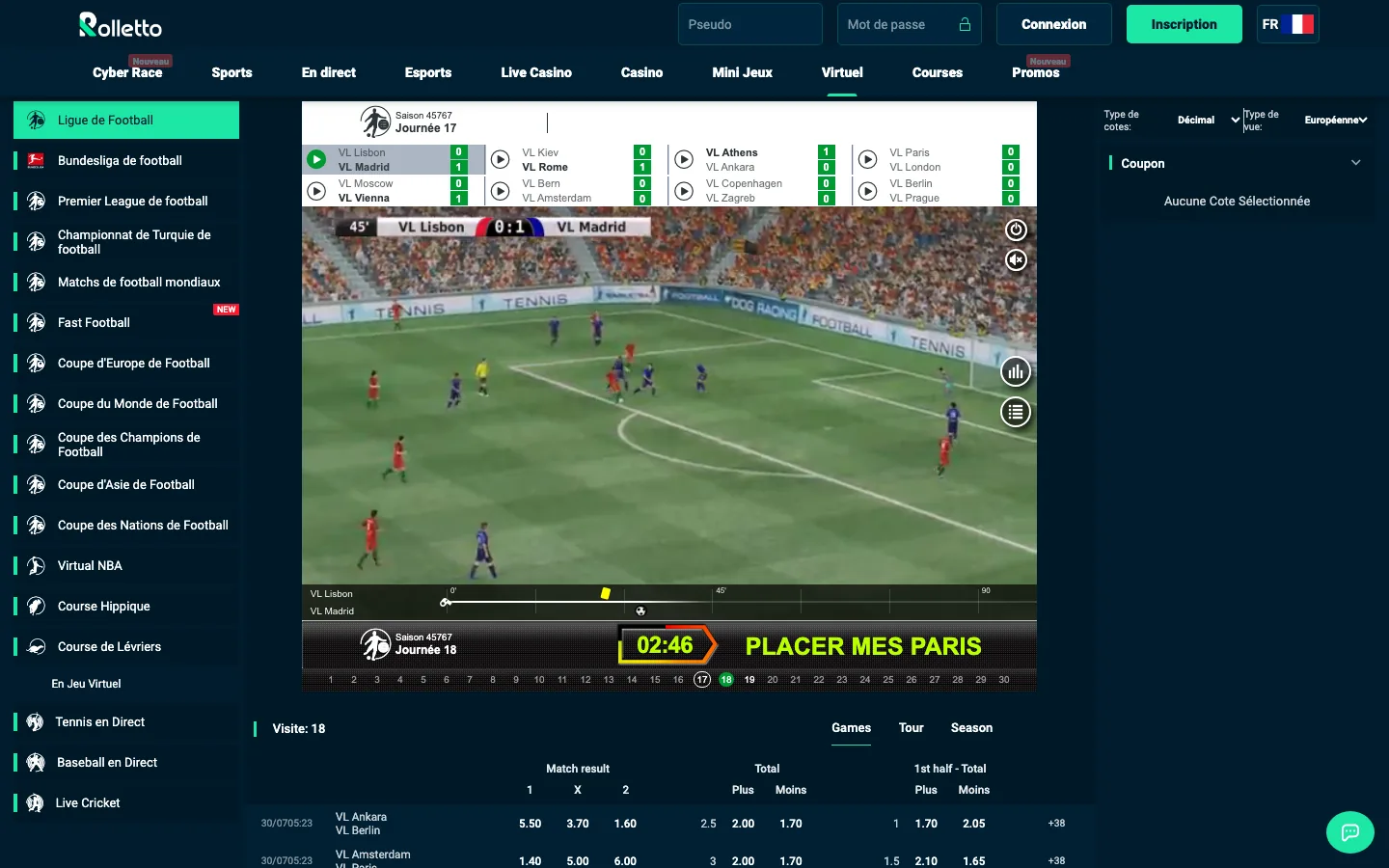 Sport virtuel de Rolletto avec la ligue de football virtuelle diffusée en vidéo