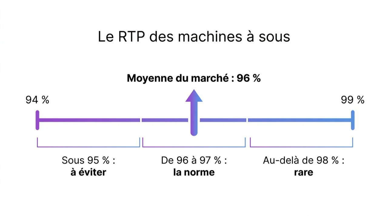 Échelle du RTP des machines à sous, de 94 % à 99 %, avec la moyenne du marché à 96 %