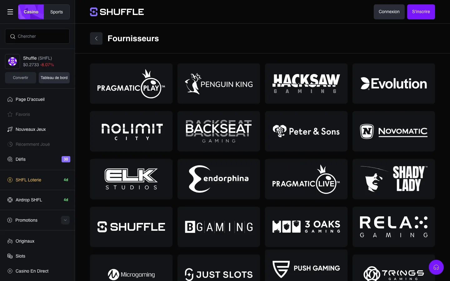Page des fournisseurs de jeux de Shuffle avec Pragmatic Play, Hacksaw, Evolution et Nolimit City