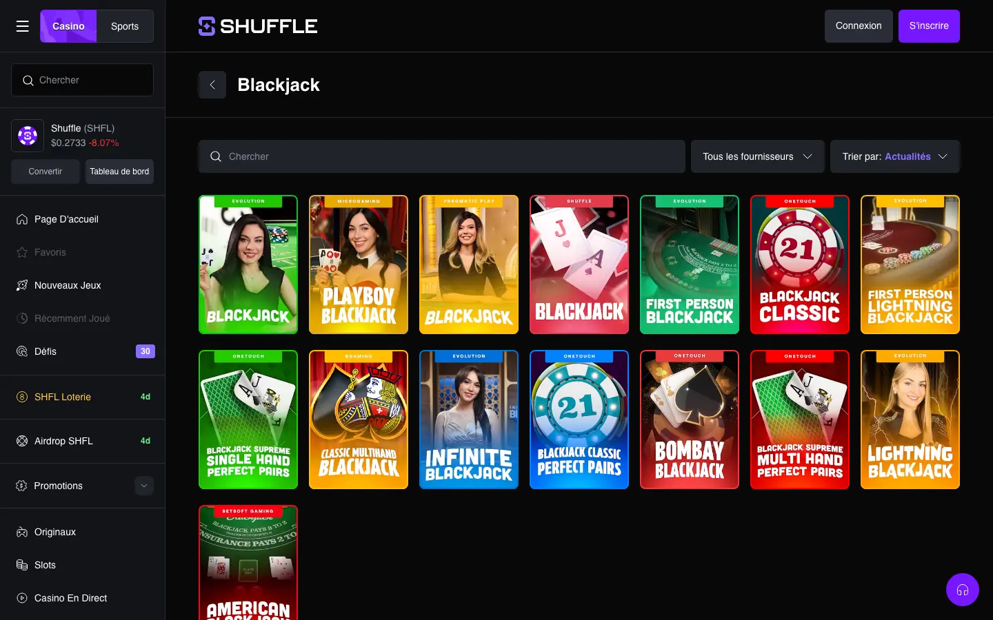 Sélection de blackjack de Shuffle avec les tables Evolution, OneTouch et Shuffle Blackjack