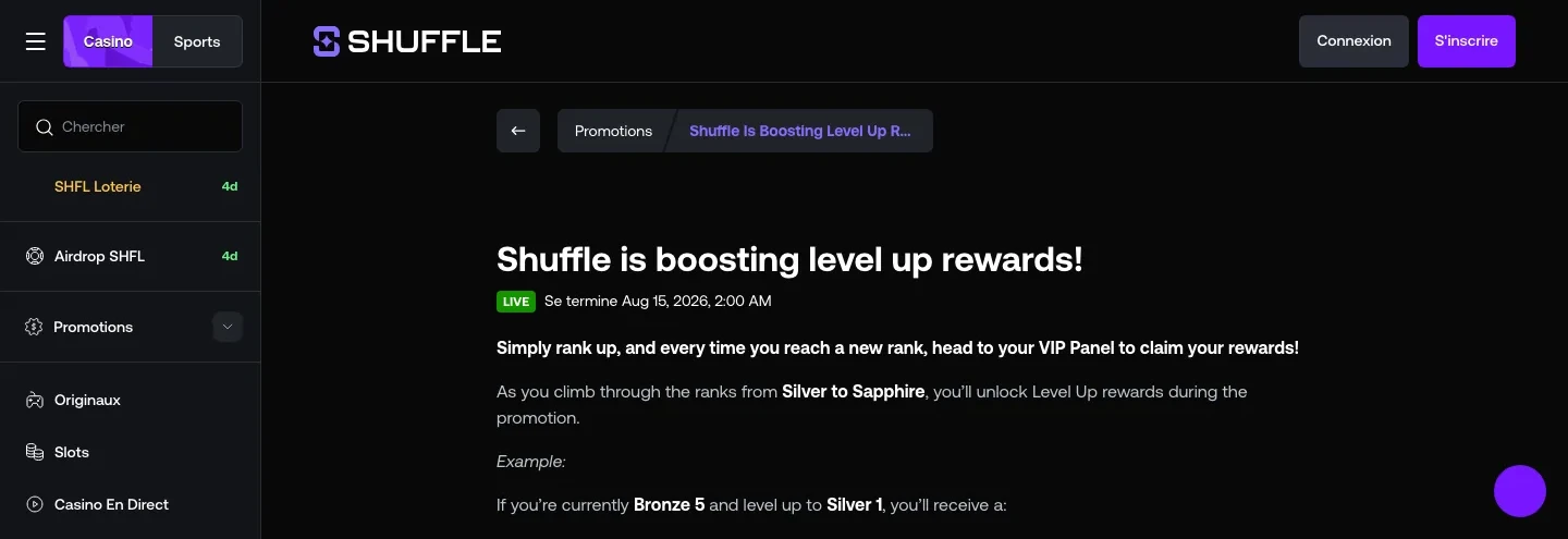 Promotion Level Up de Shuffle expliquant les récompenses de passage de rang