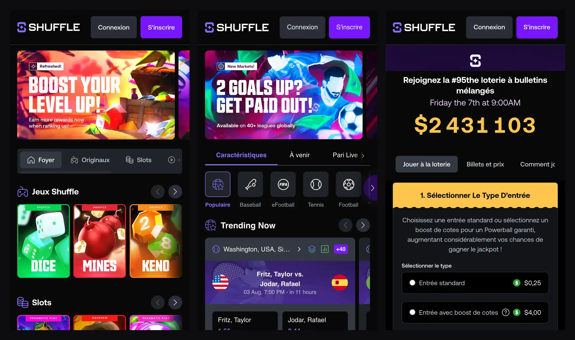 Shuffle sur mobile : accueil, paris sportifs et loterie SHFL côte à côte