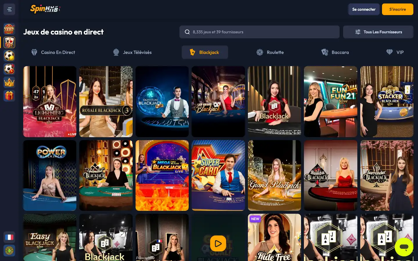 Tables de blackjack en direct de Spinhub Casino dont une table francophone