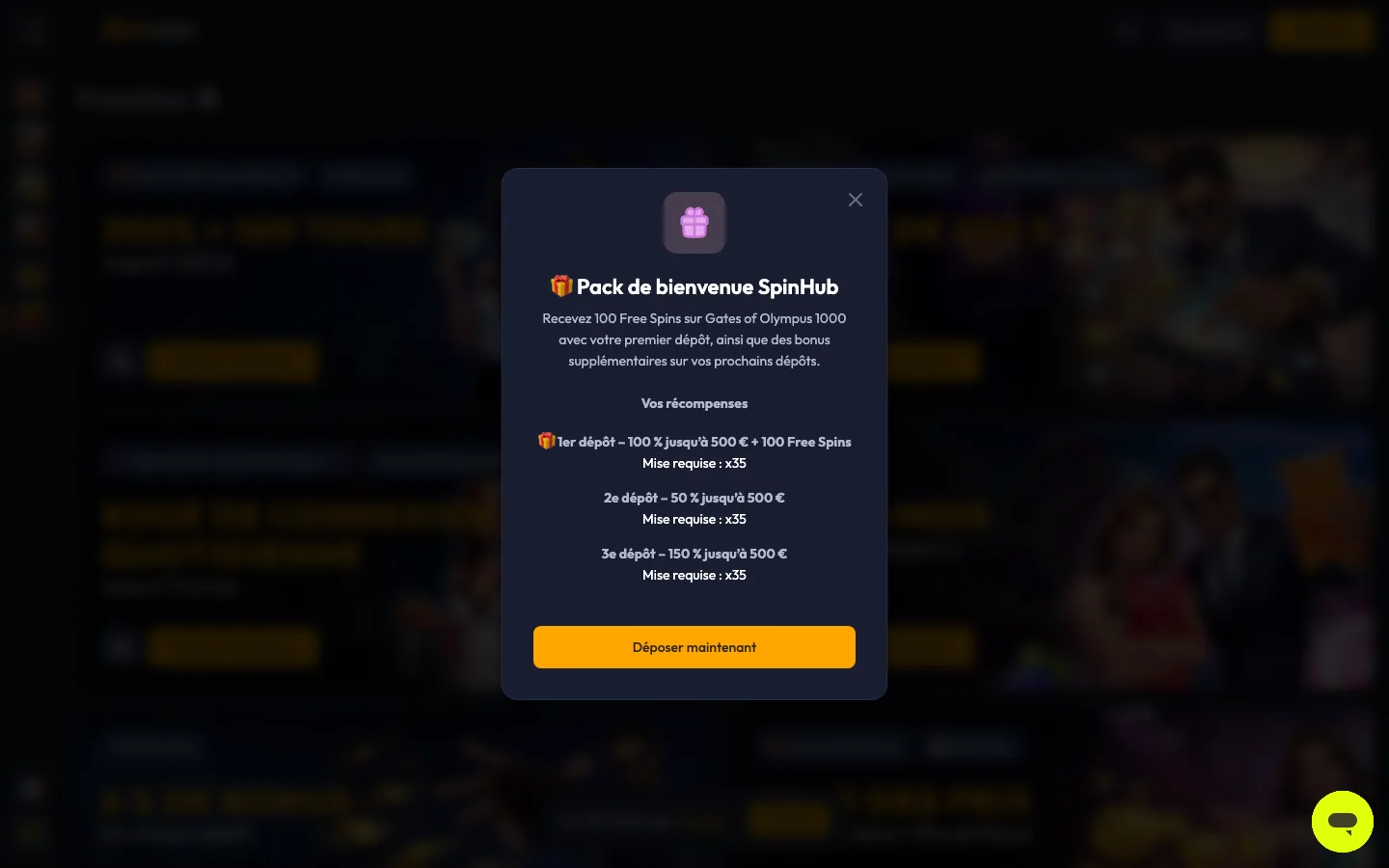 Détail du pack de bienvenue en trois dépôts de Spinhub Casino avec le wager x35