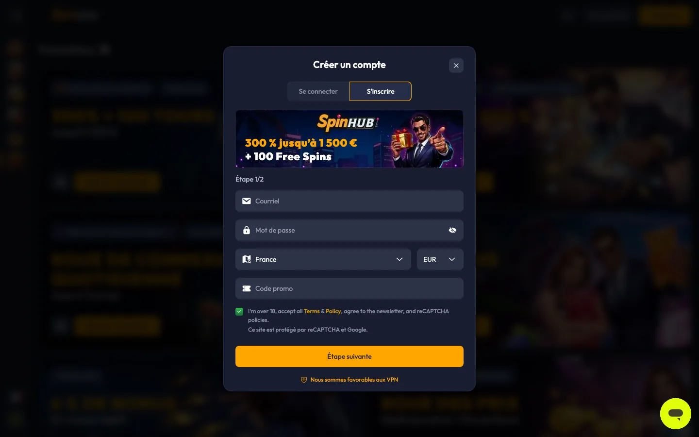 Formulaire d'inscription de Spinhub Casino en français avec le pack de bienvenue