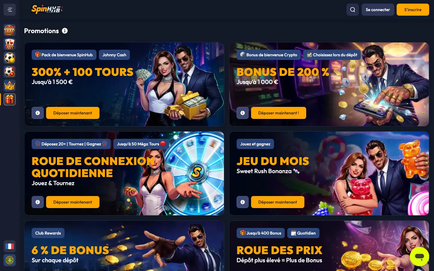 Page des promotions de Spinhub Casino en français avec la roue quotidienne et le cashback