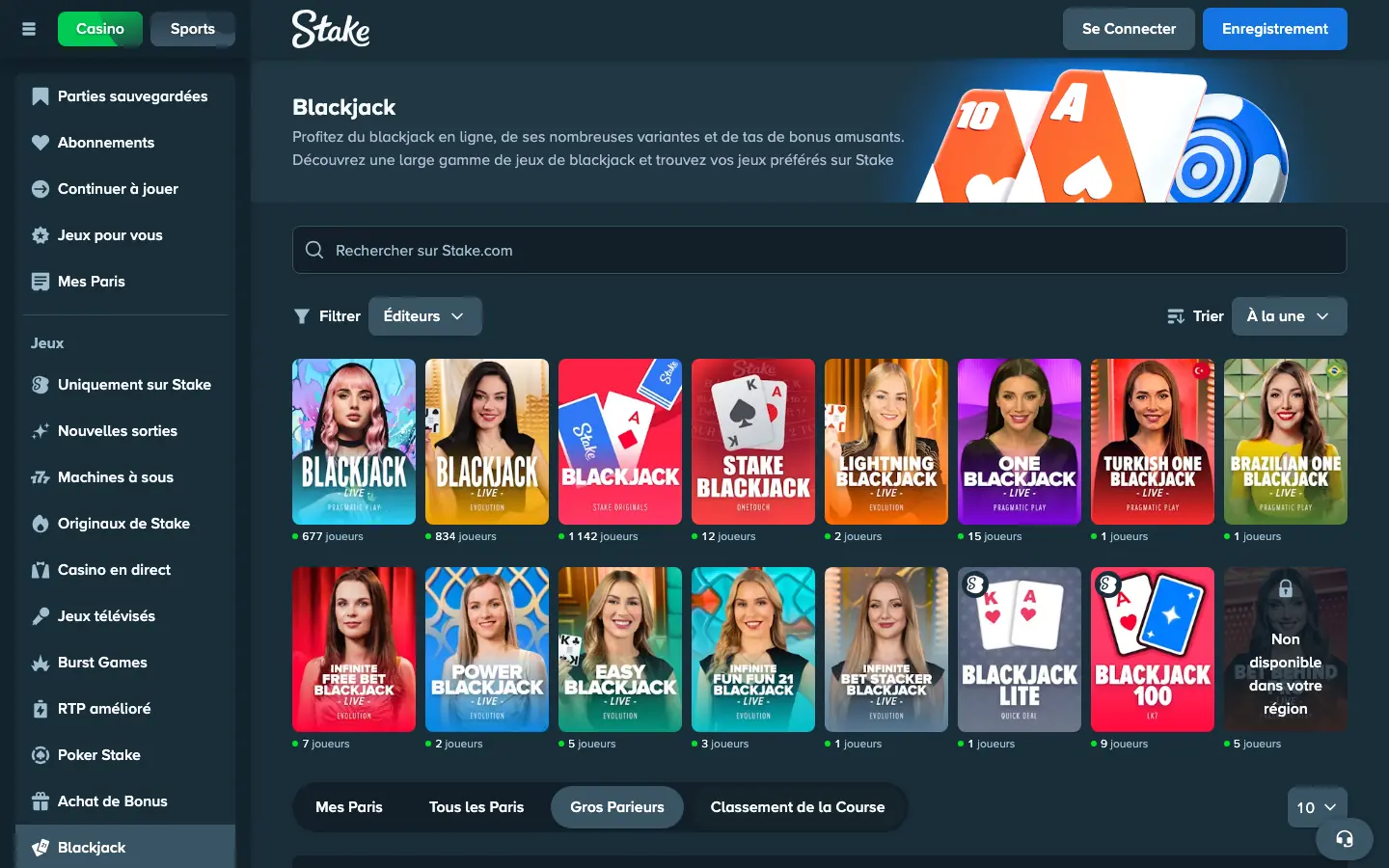Tables de blackjack de Stake, dont une variante indisponible selon la région