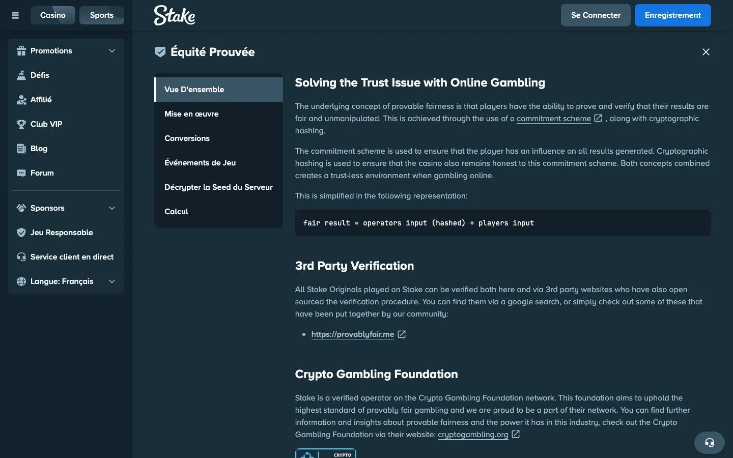 Page équité prouvée de Stake expliquant le commitment scheme