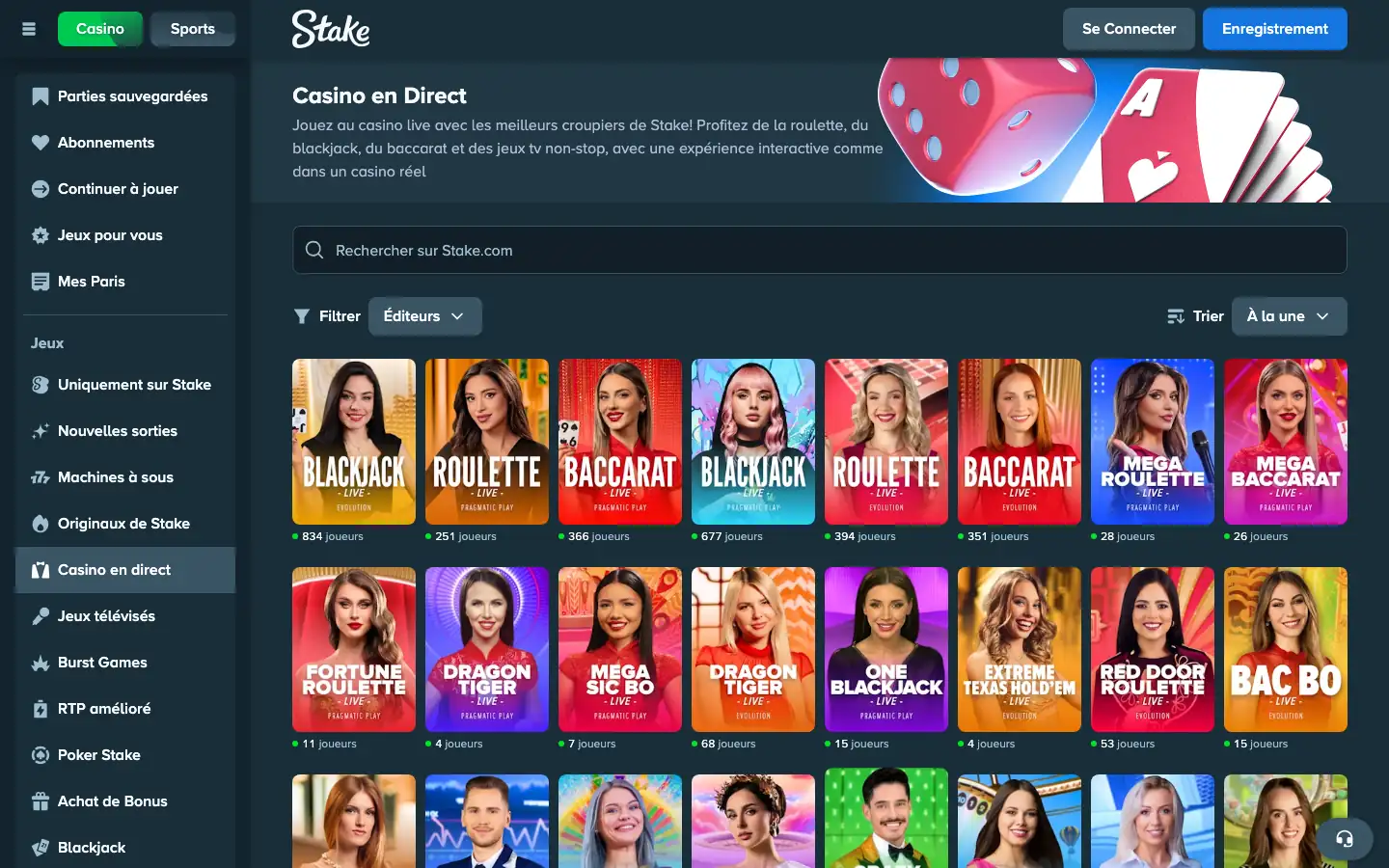 Casino en direct de Stake avec les tables Evolution et Pragmatic Play