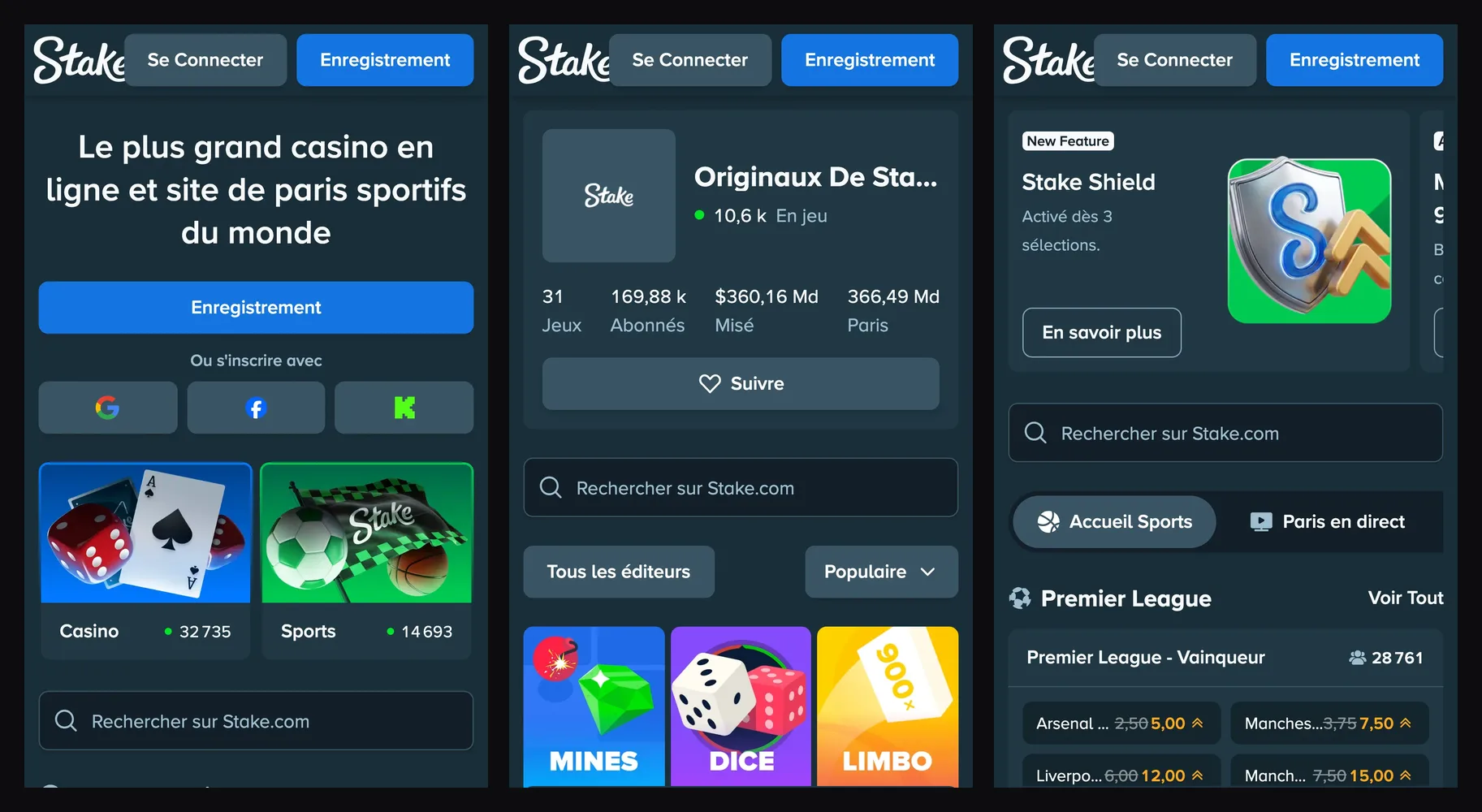 Stake sur mobile : accueil, Originaux et paris sportifs côte à côte