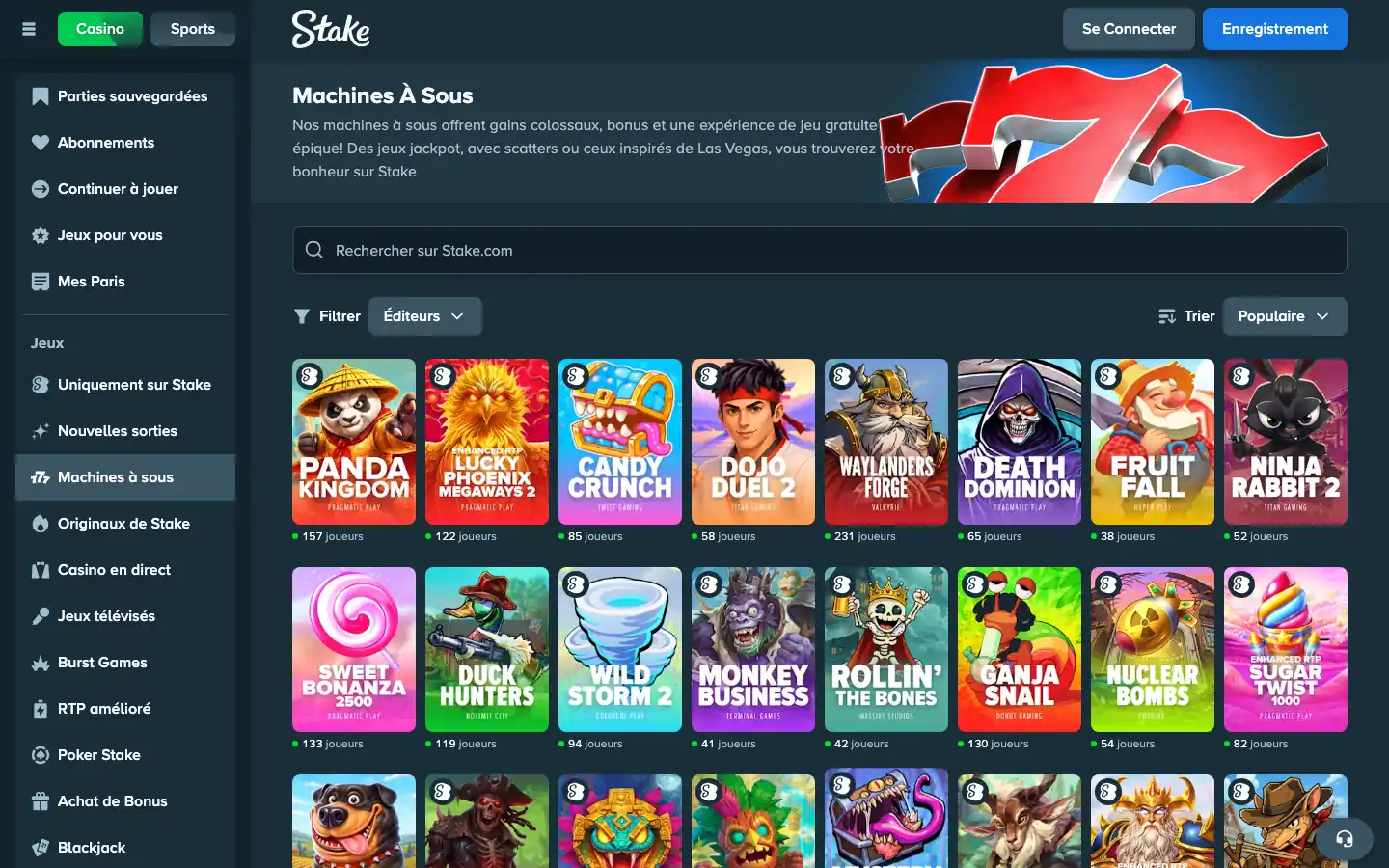 Section machines à sous de Stake et son filtre par éditeur