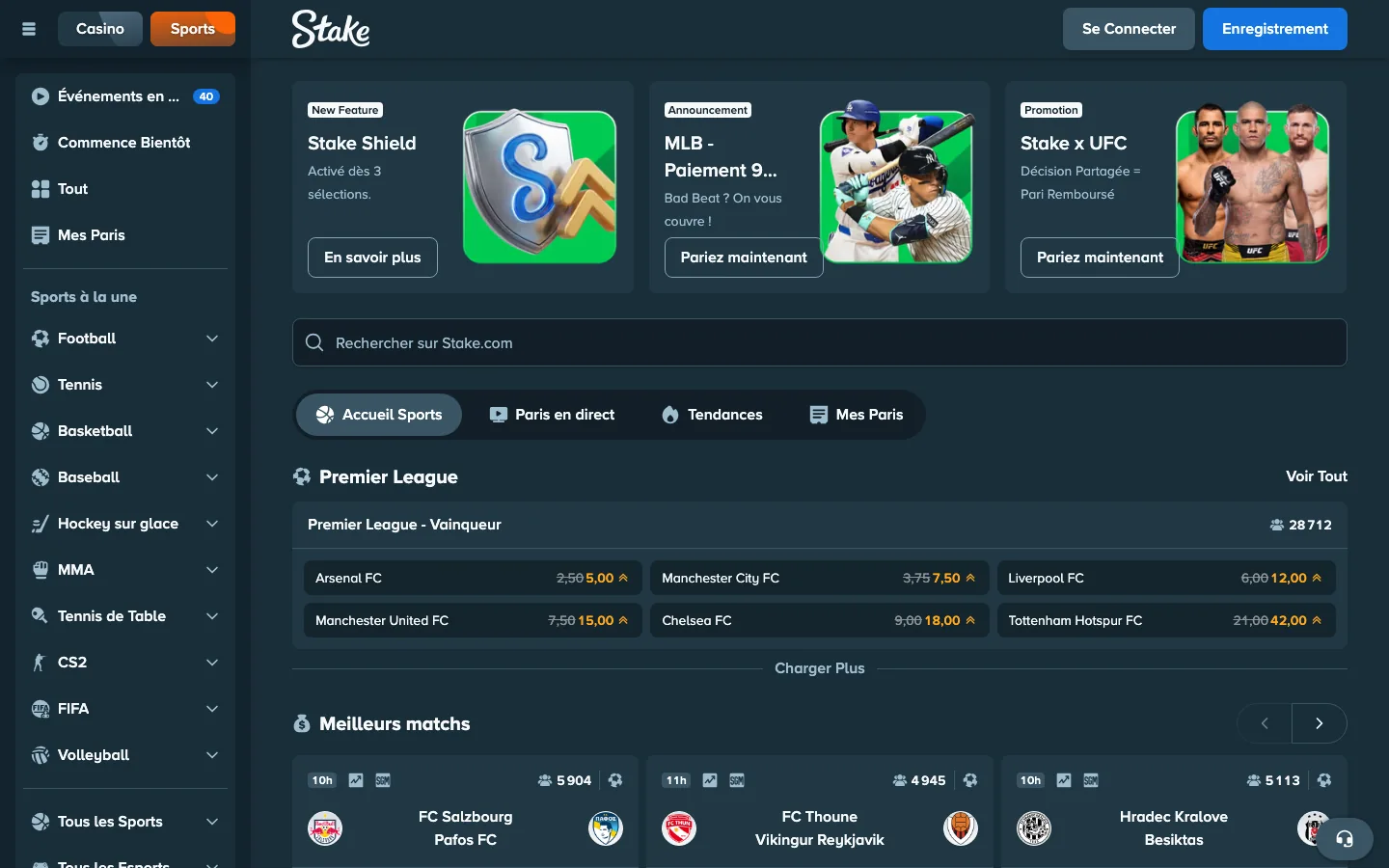 Accueil des paris sportifs de Stake avec Stake Shield et les cotes Premier League