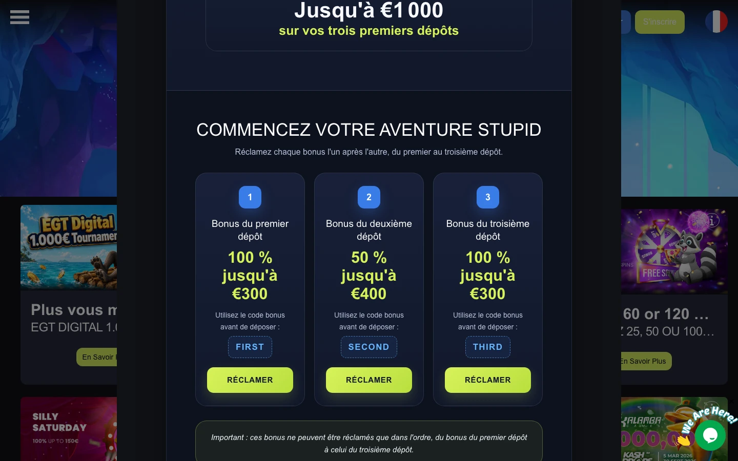 Les trois paliers du bonus de bienvenue et leurs codes