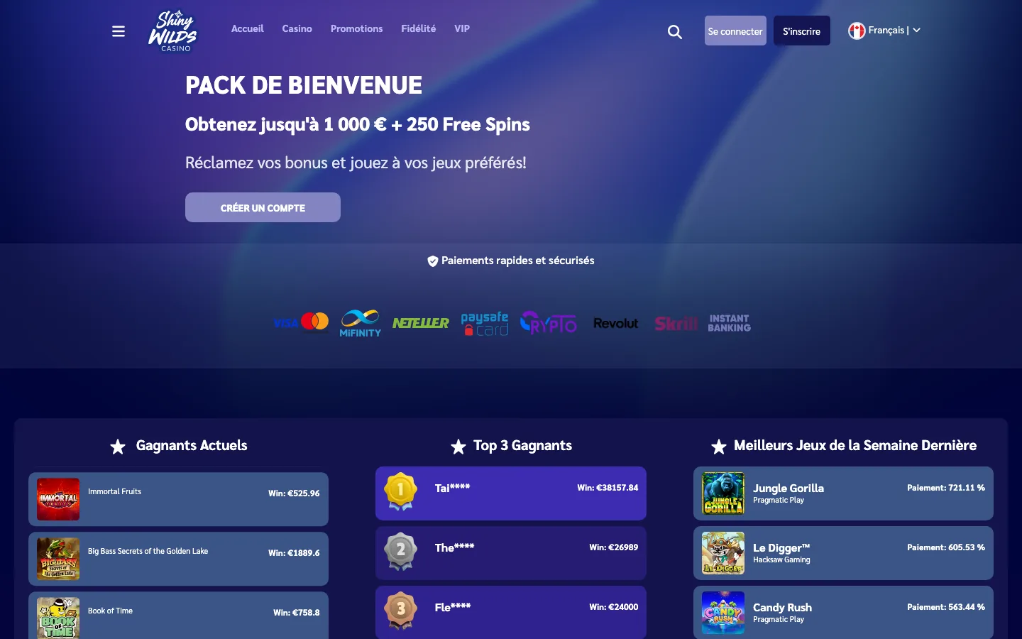 Page d'accueil de Shiny Wilds en français avec le pack de bienvenue de 1 000 € et 250 free spins