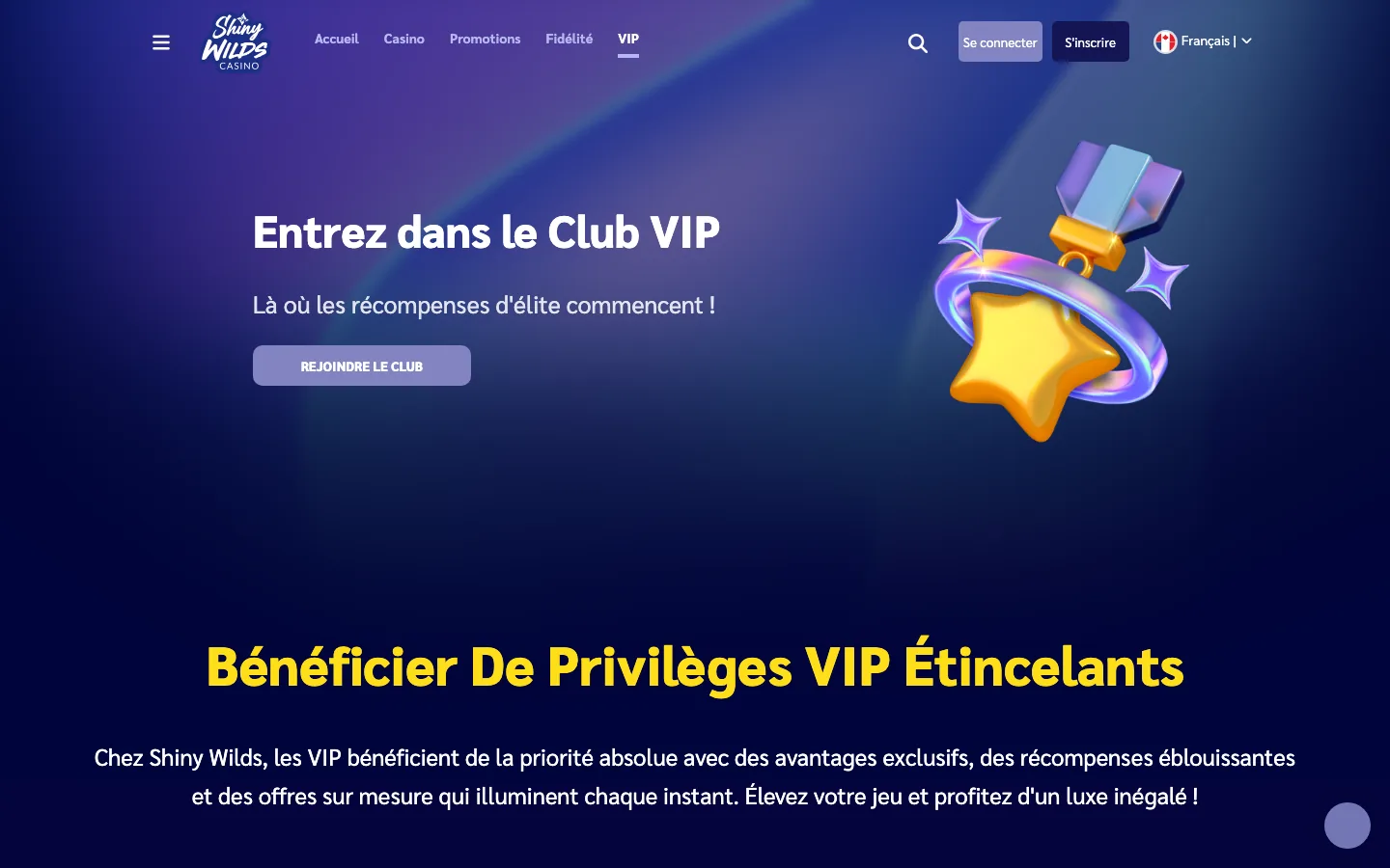 Page du Club VIP de Shiny Wilds et ses privilèges