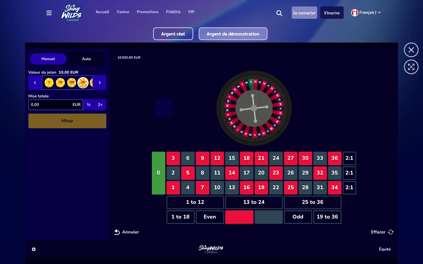 Roulette Shiny Originals de Shiny Wilds en mode démo avec 10 000 € fictifs
